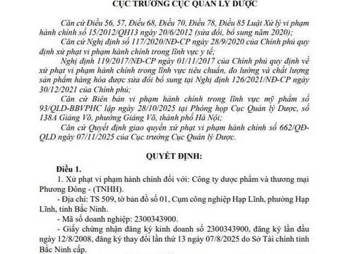 Dính loạt vi phạm, Công ty Dược phẩm Phương Đông bị phạt 120 triệu đồng